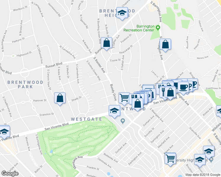 map of restaurants, bars, coffee shops, grocery stores, and more near 445 South Bundy Drive in Los Angeles