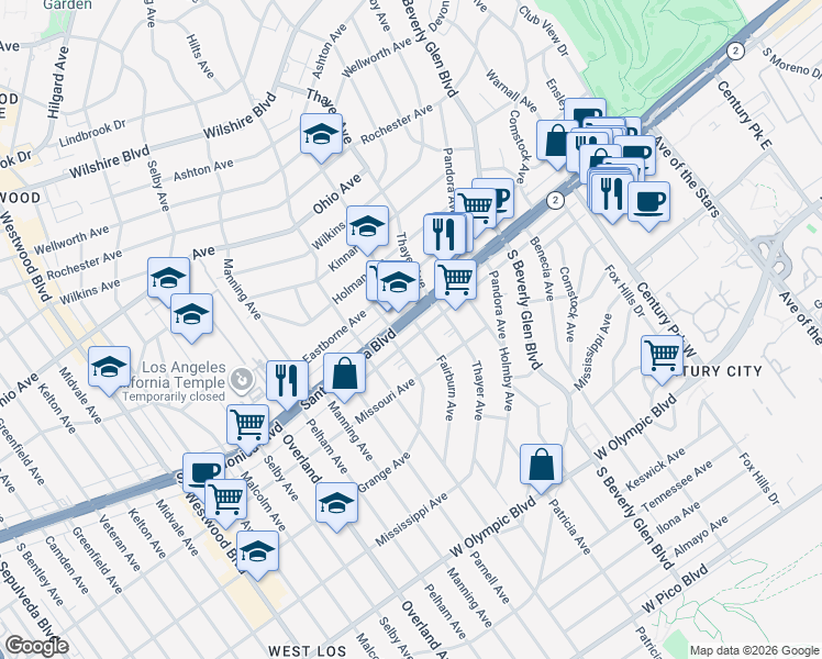 map of restaurants, bars, coffee shops, grocery stores, and more near 10540 1/2 California 2 in Los Angeles