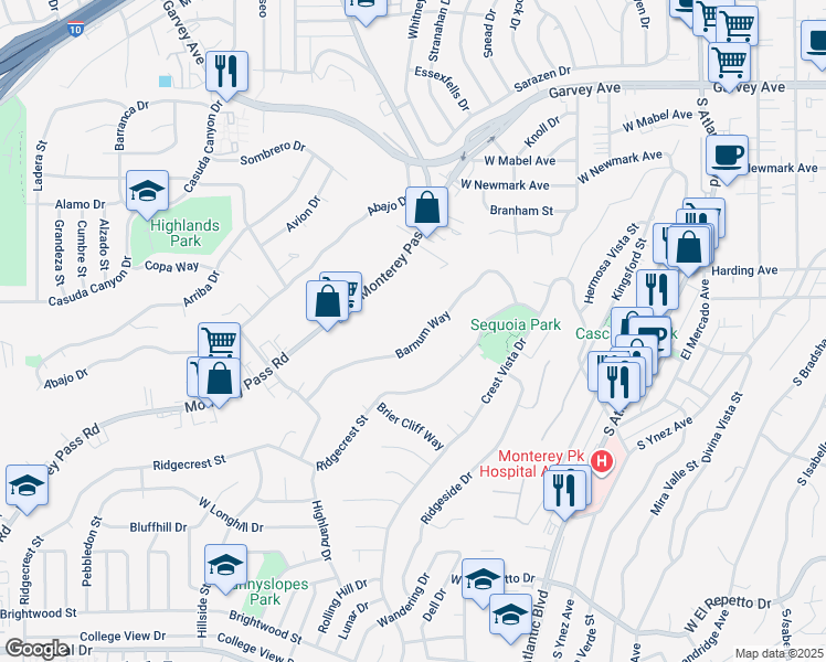 map of restaurants, bars, coffee shops, grocery stores, and more near 769 Barnum Way in Monterey Park