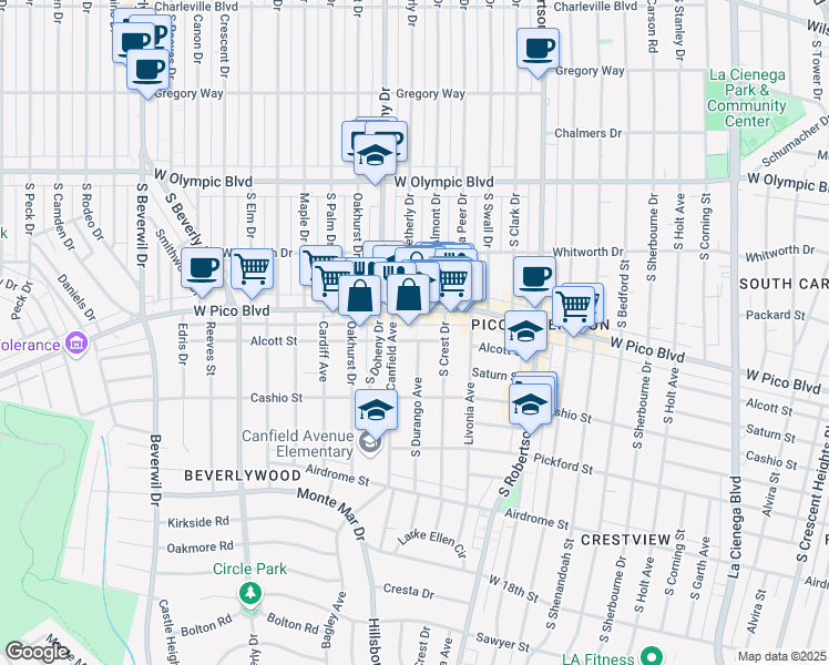 map of restaurants, bars, coffee shops, grocery stores, and more near 9031 Alcott Street in Los Angeles