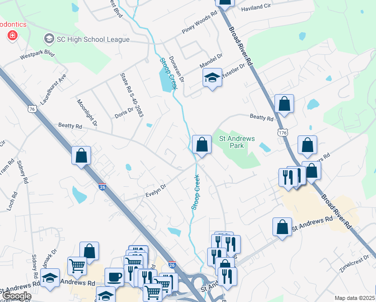 map of restaurants, bars, coffee shops, grocery stores, and more near 201 Timber Court in Columbia