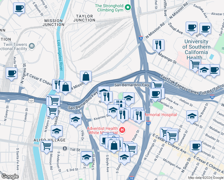 map of restaurants, bars, coffee shops, grocery stores, and more near 1401 Mitchell Place in Los Angeles