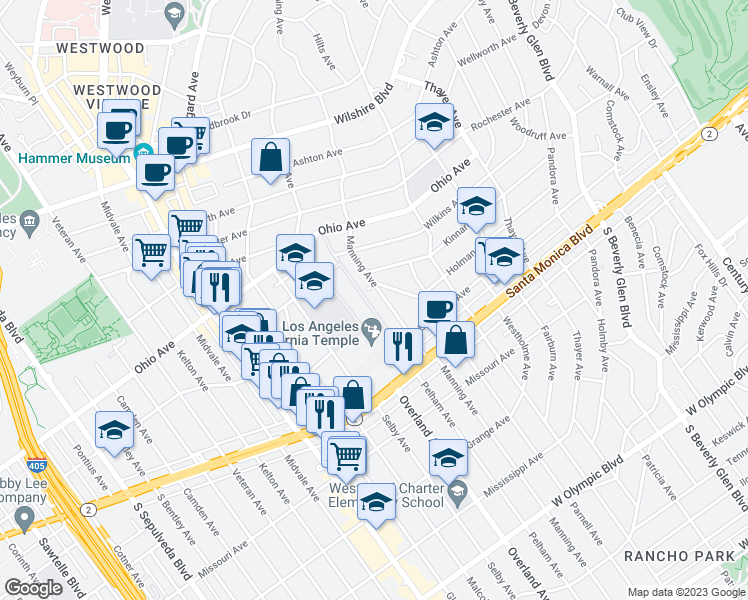 map of restaurants, bars, coffee shops, grocery stores, and more near 1613 Manning Avenue in Los Angeles