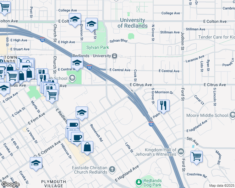 map of restaurants, bars, coffee shops, grocery stores, and more near University Place in Redlands