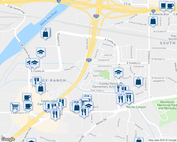 map of restaurants, bars, coffee shops, grocery stores, and more near 949 Forest Drive in Colton