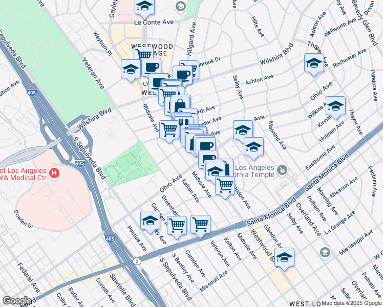 map of restaurants, bars, coffee shops, grocery stores, and more near 1435 Westwood Boulevard in Los Angeles
