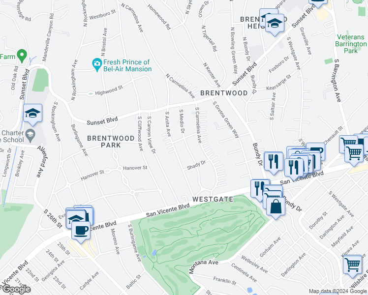 map of restaurants, bars, coffee shops, grocery stores, and more near 215 South Medio Drive in Los Angeles