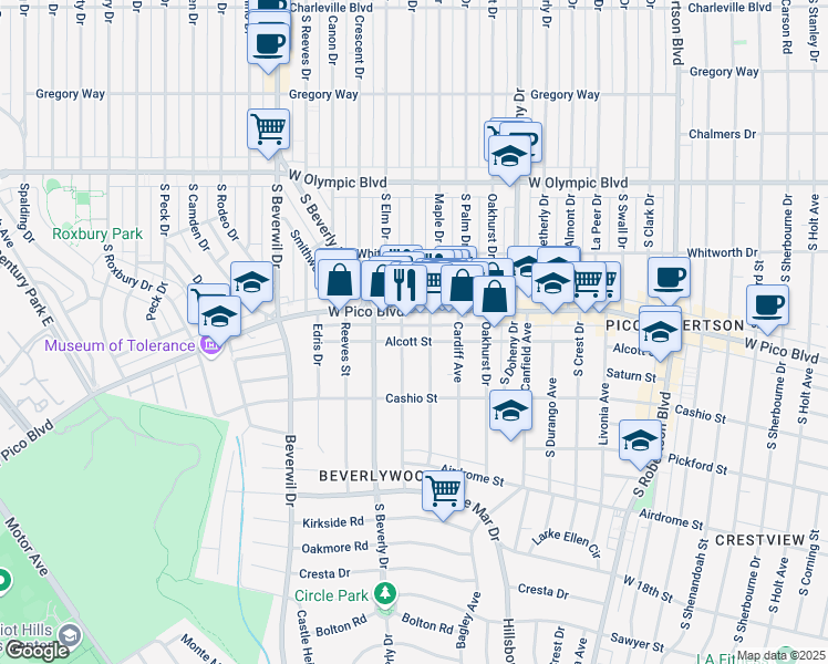 map of restaurants, bars, coffee shops, grocery stores, and more near 9319 Alcott Street in Los Angeles