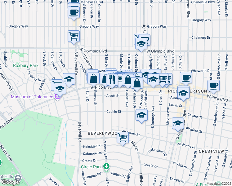 map of restaurants, bars, coffee shops, grocery stores, and more near 9315 Alcott Street in Los Angeles