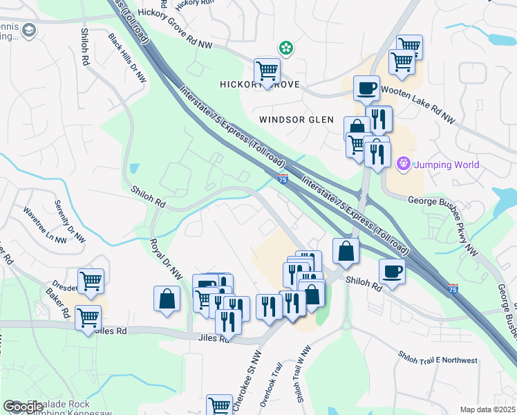 map of restaurants, bars, coffee shops, grocery stores, and more near 1602 Hemburg Trace in Kennesaw