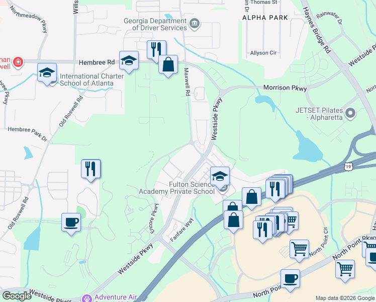 map of restaurants, bars, coffee shops, grocery stores, and more near 1975 Nocturne Drive in Alpharetta
