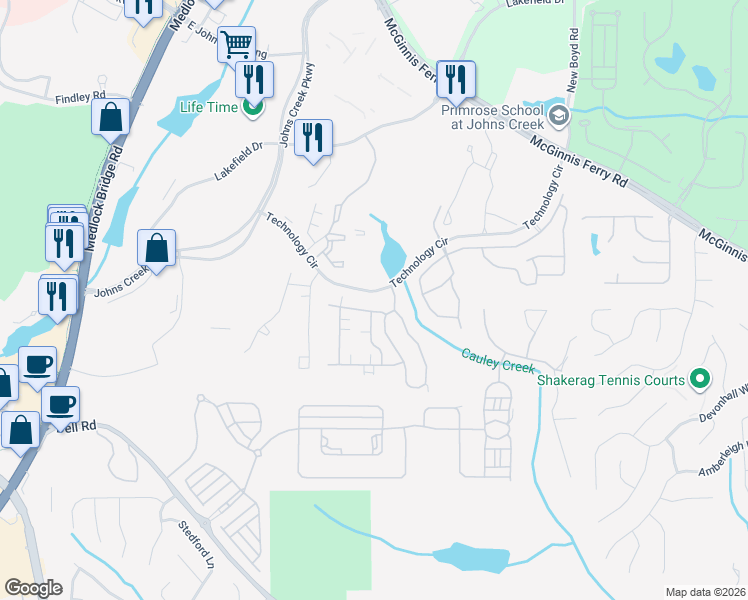 map of restaurants, bars, coffee shops, grocery stores, and more near 6010 Brookhaven Circle in Johns Creek
