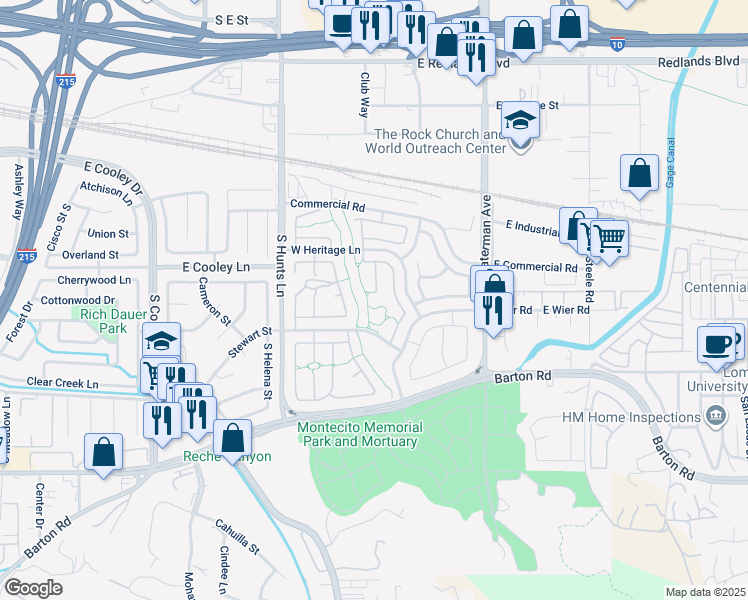 map of restaurants, bars, coffee shops, grocery stores, and more near 2565 Waterford Court in San Bernardino
