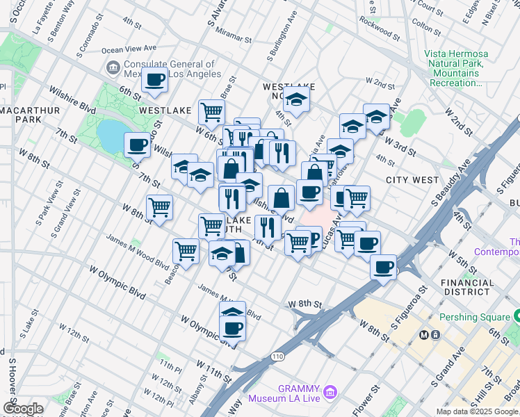 map of restaurants, bars, coffee shops, grocery stores, and more near 1500 Wilshire Boulevard in Los Angeles