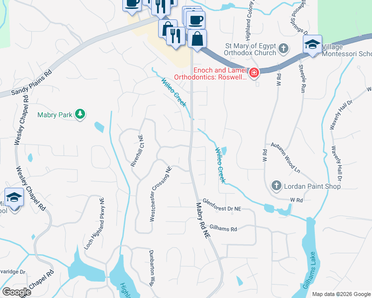 map of restaurants, bars, coffee shops, grocery stores, and more near 4368 Burnleigh Chase Northeast in Roswell