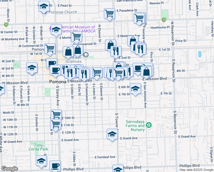 map of restaurants, bars, coffee shops, grocery stores, and more near 747 East 6th Street in Pomona