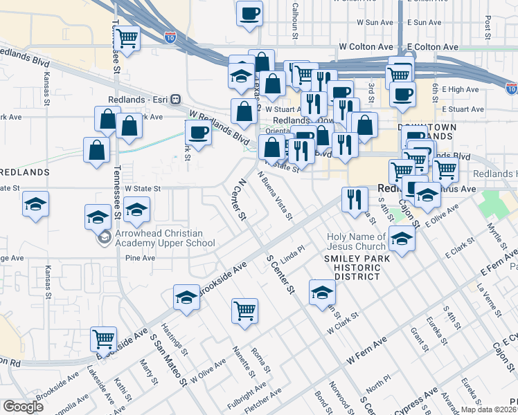 map of restaurants, bars, coffee shops, grocery stores, and more near 70 North Center Street in Redlands