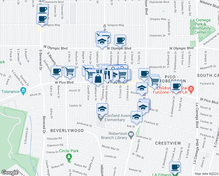 map of restaurants, bars, coffee shops, grocery stores, and more near 9049 Alcott Street in Los Angeles