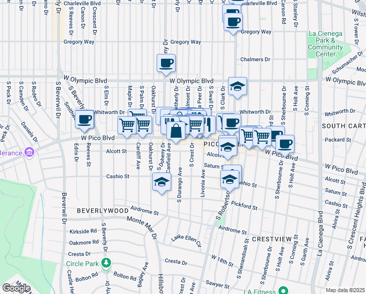 map of restaurants, bars, coffee shops, grocery stores, and more near in Los Angeles