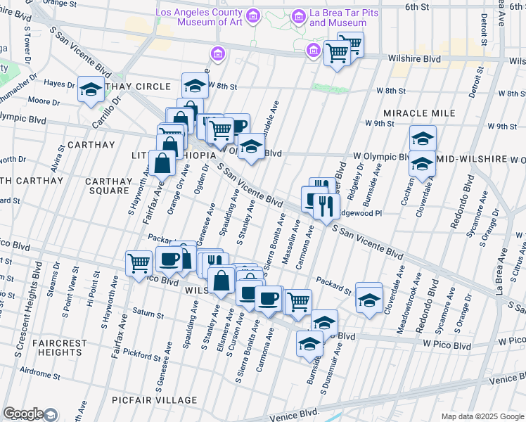 map of restaurants, bars, coffee shops, grocery stores, and more near 1124 South Stanley Avenue in Los Angeles
