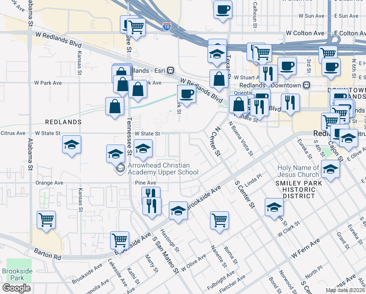 map of restaurants, bars, coffee shops, grocery stores, and more near 224 New York Street in Redlands