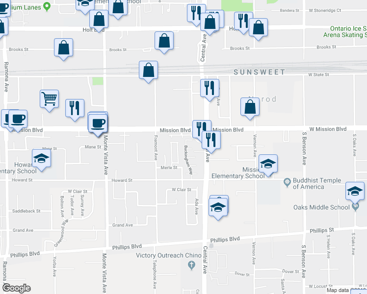 map of restaurants, bars, coffee shops, grocery stores, and more near 10978 Buckingham Way in Montclair