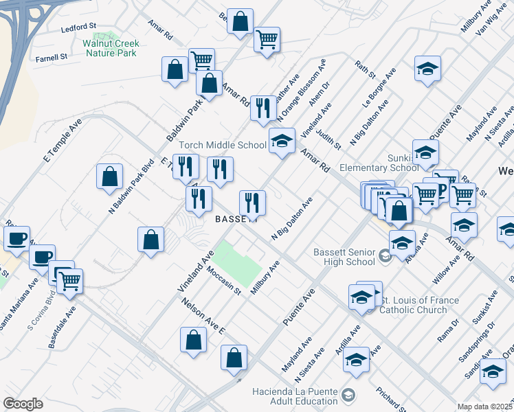 map of restaurants, bars, coffee shops, grocery stores, and more near 638 Vineland Avenue in La Puente