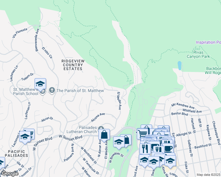 map of restaurants, bars, coffee shops, grocery stores, and more near 1150 El Medio Avenue in Los Angeles