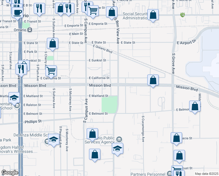 map of restaurants, bars, coffee shops, grocery stores, and more near 902 South Hope Avenue in Ontario