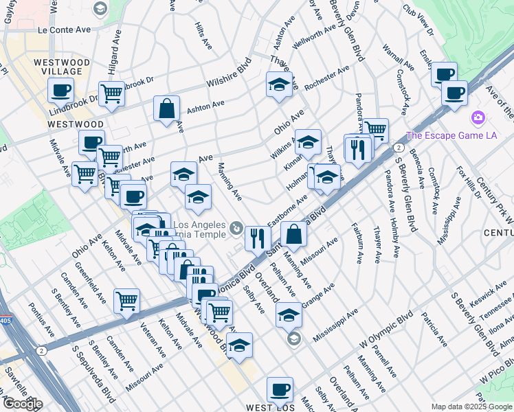 map of restaurants, bars, coffee shops, grocery stores, and more near 10660 Holman Avenue in Los Angeles