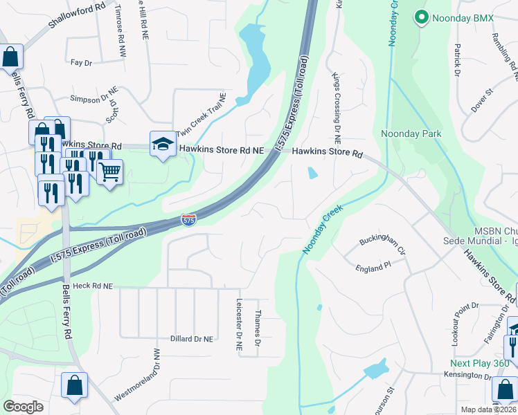 map of restaurants, bars, coffee shops, grocery stores, and more near 564 Farmbrook Trail Northeast in Kennesaw