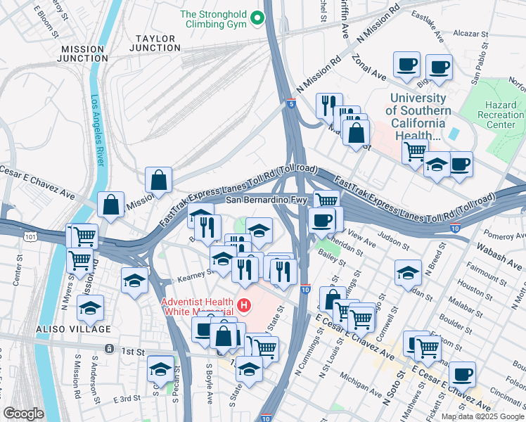 map of restaurants, bars, coffee shops, grocery stores, and more near 716 Echandia Street in Los Angeles