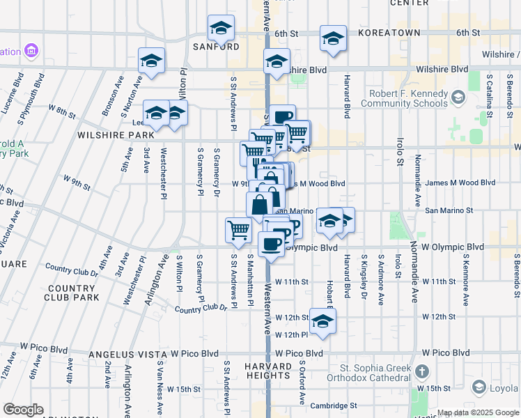 map of restaurants, bars, coffee shops, grocery stores, and more near 939 South Western Avenue in Los Angeles