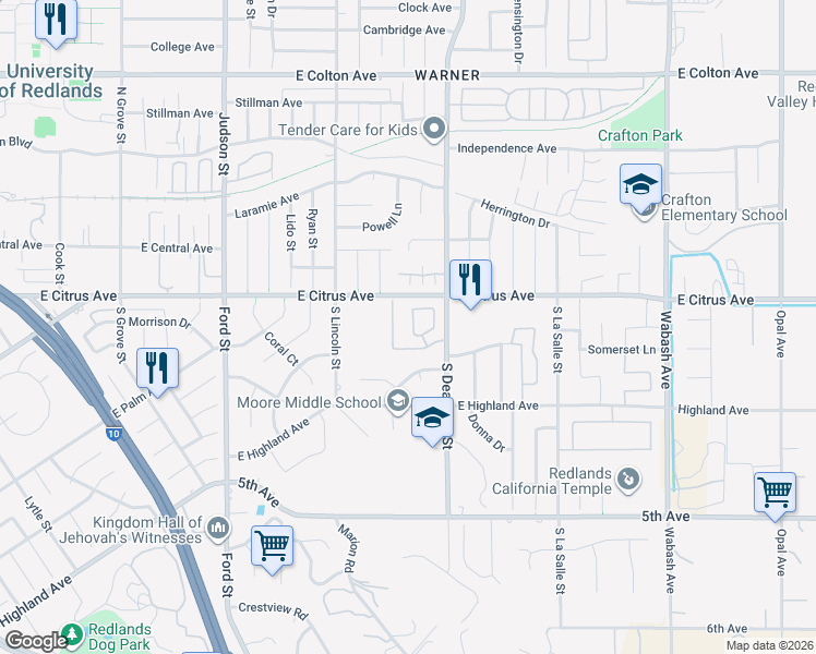 map of restaurants, bars, coffee shops, grocery stores, and more near 16 Dearborn Circle in Redlands