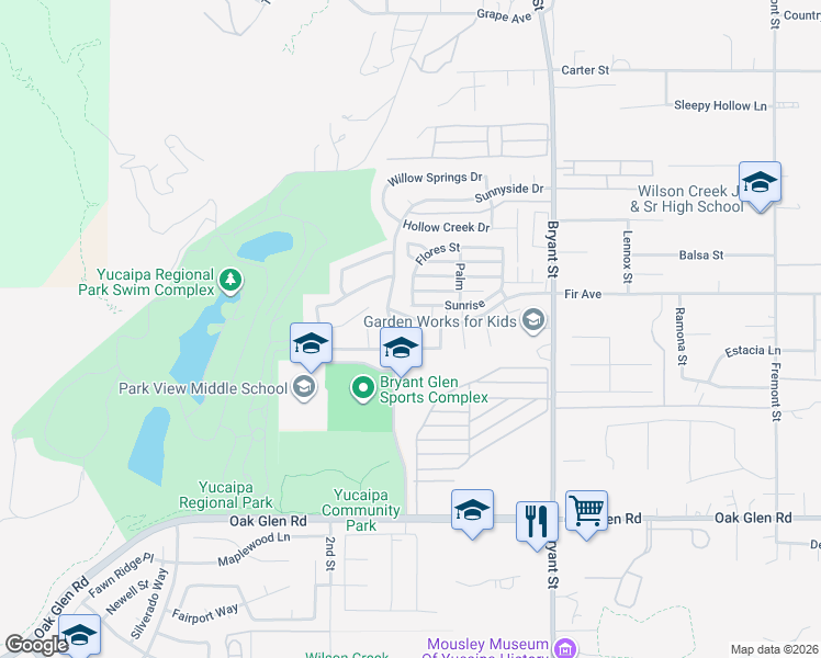 map of restaurants, bars, coffee shops, grocery stores, and more near 10962 Sunwood Place in Yucaipa