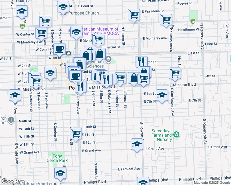 map of restaurants, bars, coffee shops, grocery stores, and more near 595 East 6th Street in Pomona