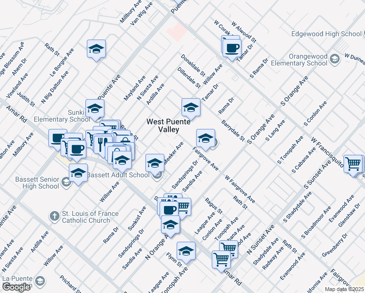 map of restaurants, bars, coffee shops, grocery stores, and more near 14205 Rath Street in La Puente