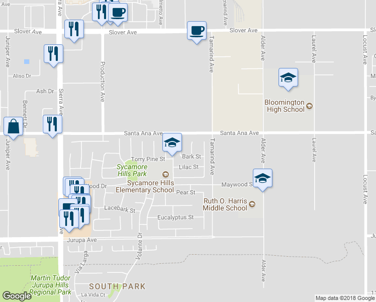 map of restaurants, bars, coffee shops, grocery stores, and more near 10970 Brisbane Court in Fontana