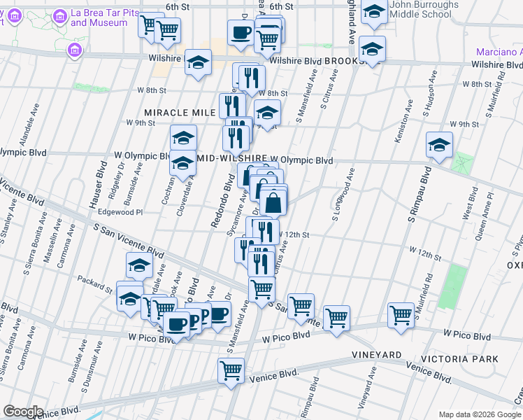map of restaurants, bars, coffee shops, grocery stores, and more near 1119 South La Brea Avenue in Los Angeles