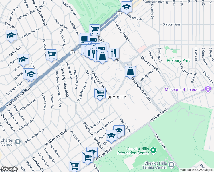 map of restaurants, bars, coffee shops, grocery stores, and more near 2131 Century Woods Way in Los Angeles
