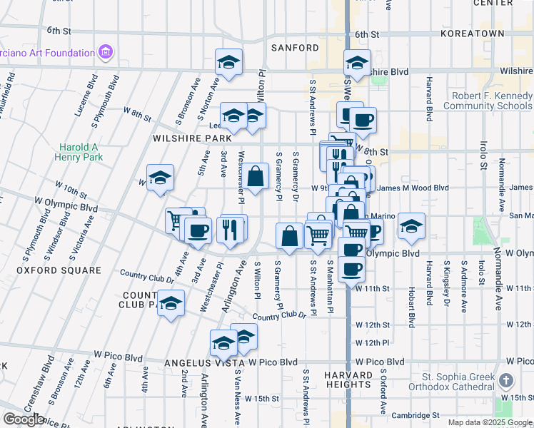 map of restaurants, bars, coffee shops, grocery stores, and more near 3715 San Marino Street in Los Angeles