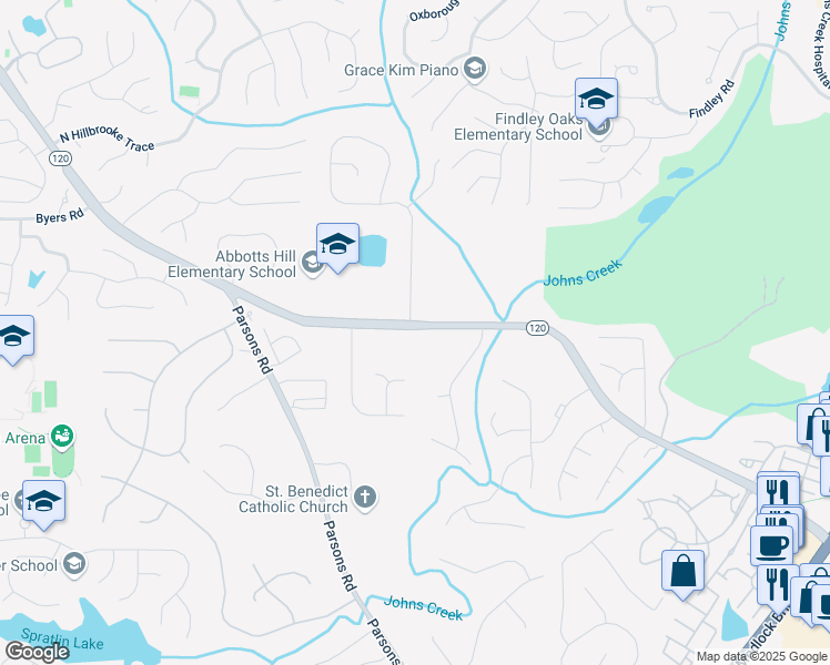 map of restaurants, bars, coffee shops, grocery stores, and more near 5690 Abbotts Bridge Road in Duluth