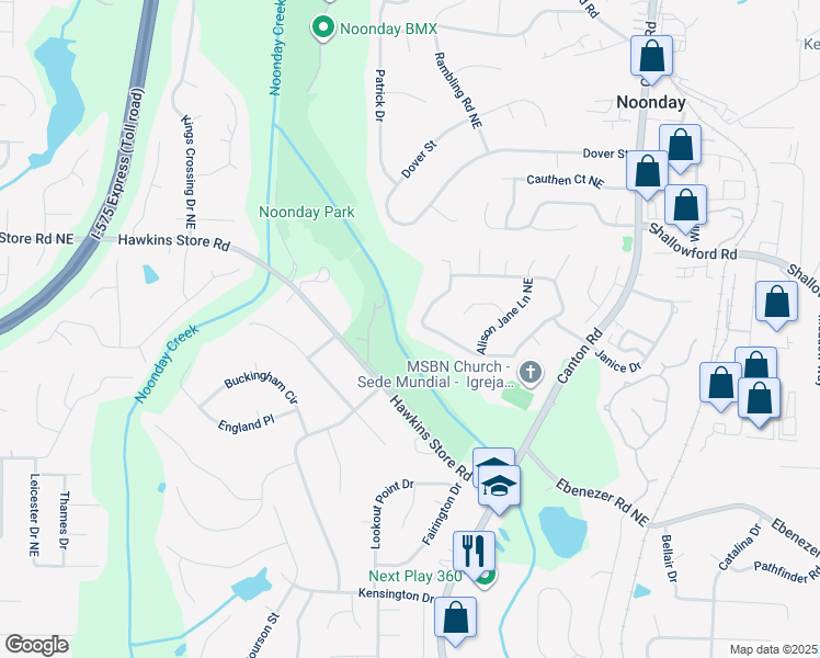 map of restaurants, bars, coffee shops, grocery stores, and more near 4296 Alison Jane Drive Northeast in Kennesaw