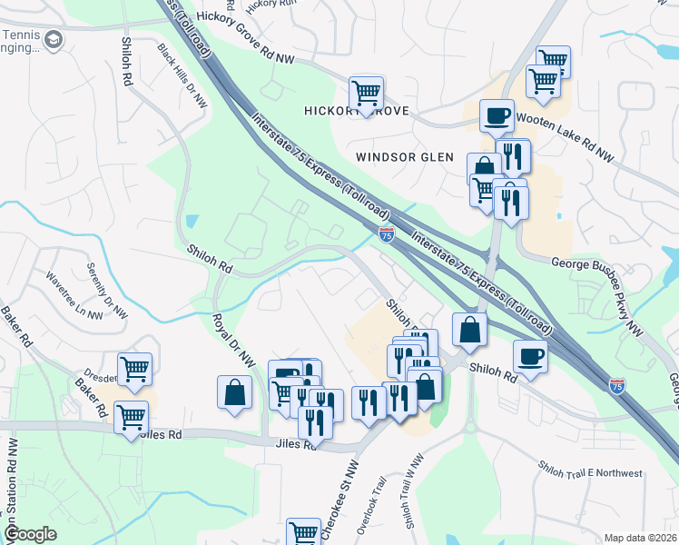 map of restaurants, bars, coffee shops, grocery stores, and more near 1611 Hemburg Trace in Kennesaw