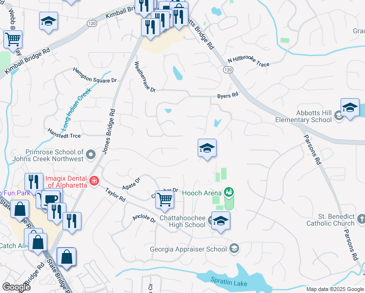 map of restaurants, bars, coffee shops, grocery stores, and more near 290 Pine Bridge Trail in Alpharetta