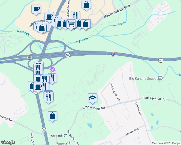 map of restaurants, bars, coffee shops, grocery stores, and more near 100 Woodiron Dr in Buford