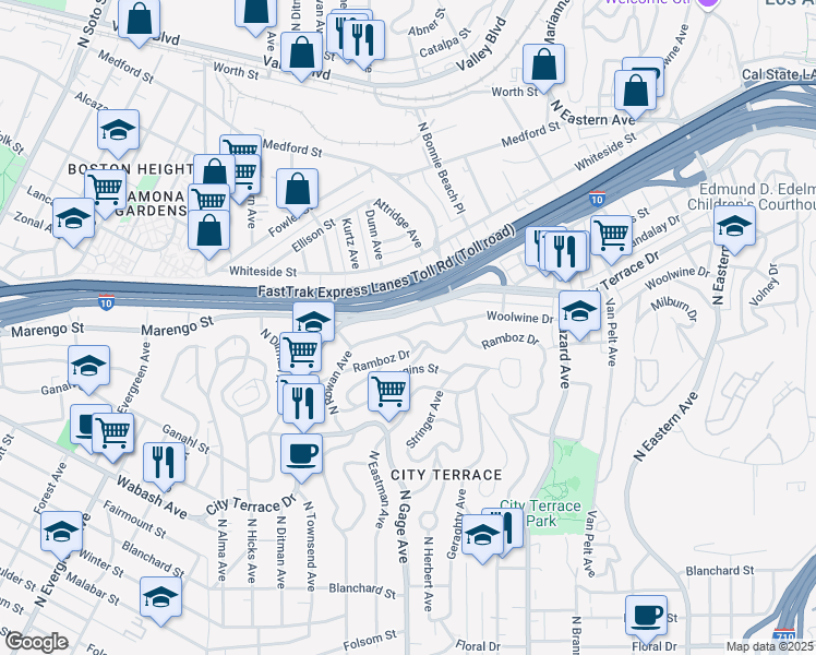 map of restaurants, bars, coffee shops, grocery stores, and more near 3717 Woolwine Drive in Los Angeles