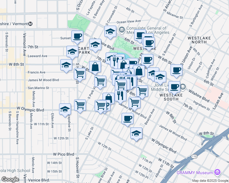 map of restaurants, bars, coffee shops, grocery stores, and more near 830 South Lake Street in Los Angeles