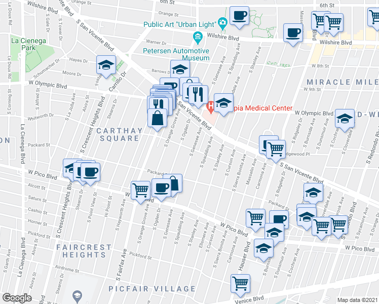 map of restaurants, bars, coffee shops, grocery stores, and more near 1111 South Genesee Avenue in Los Angeles