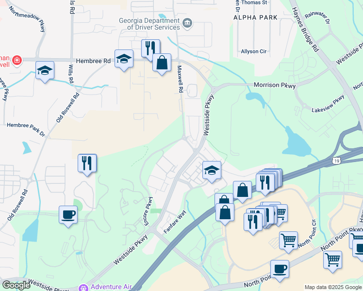 map of restaurants, bars, coffee shops, grocery stores, and more near 1975 Nocturne Drive in Alpharetta